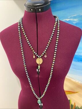 Layered Green Beaded Women’s Necklace with Gold Accent Pendant